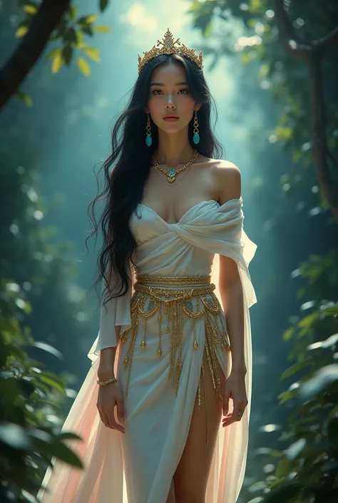 full lenght hiper 4k Think of it as a movie poster. In the Wind of Flowers. Full-length standing shot of a beautiful, sweet, and gentle 20-year-old woman. Pink lips and cheeks, looking straight ahead, wearing a white and gold Dusit Thai dress with sparkles...