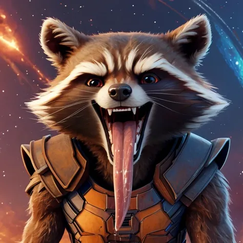 Rocket Raccoon (Guardians of the Galaxy 2014), Marvel Studios, 2D Animation, Looking at viewer, Open Mouth, Tongue Out, Long Tongue, Wide-Eyed, Anatomically Correct, Seductive Smile, Grabbing tongue with fingers, Saliva Trail, Raised Eyebrow, Oral Invitati...