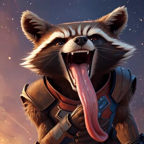 rocket raccoon (guardians of the galaxy 2014), marvel studios, 2d animation, looking at viewer, open mouth, tongue out, long ton...