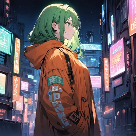 (best quality, irritability ,aesthetic,absurdres),select and generate best screen effect,((1girl,long-deepgreen-hair,green-eyes,orange-hooded-jacket)),,,neon lights,night city,starry sky,coat,from side,building,smoking,,