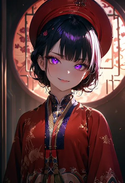 (masterpiece, best quality:1.2), super detailed, extreme detailed, portrait, 1girl, solo, beautiful face, short black hair with bang, glowing purple eyes, detailed eyes, pretty lipstick, spider fangs, smirk, evil expression, standing, nhat binh clothing, h...