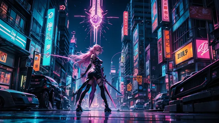 Vibrant, futuristic anime-style illustration set in a neon-lit cityscape. The layout features a central female character with purple hair, wearing a white and black outfit, holding a glowing sword. She stands confidently amidst floating debris and energy b...