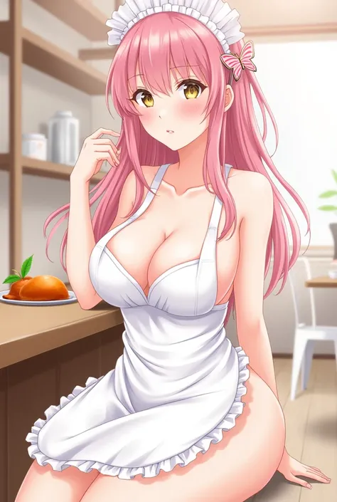 One girl, alone, Nakano Nino, Pink Hair, Butterfly Hair Ornament, (naked:1.3), (White apron), Large Breasts, Cleavage, Thighs, Cafe Background, (blush:1.3)