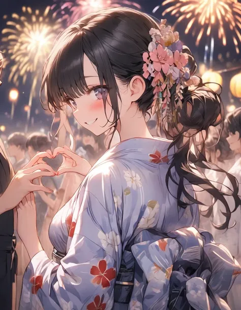 masterpiece、girl、Black Hair、Long Hair、tied hair、(((Make a heart shape with both hands)))、Summer yukata、firework、smile、Focus on the face, night background