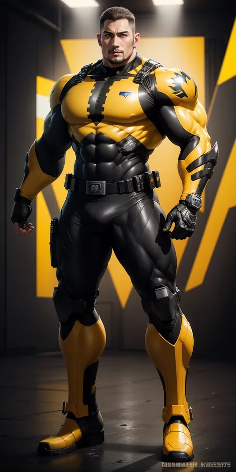 Tall giant muscular police officer，Yellow and black camouflage patterned nano mecha，Honeycomb pattern，Lightweight texture，Character Concept（Resident Evil - Chris Redfield，Chris Redfield）senior police officer，Small grid texture，Regular symmetrical texture p...