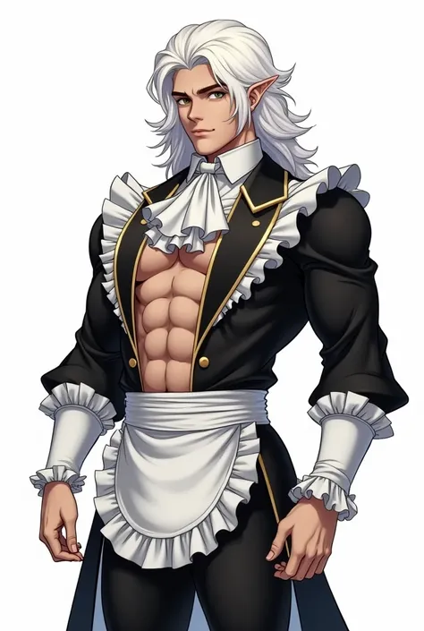 a young man, with an aristocratic white wig from the 17th century, in a black and white maid outfit, muscular and very strong, muscles on display, anime style art, white background