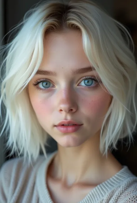 Bright expression、Photorealism、Highest quality、Ultra-high resolution、The most beautiful Scandinavian girls photos、Cute and beautiful face details、Small face、、Big Breasts、thin、17 years old、Translucent white skin、Big bright blue eyes、Short Bob、Cowboy Shot、Ha...