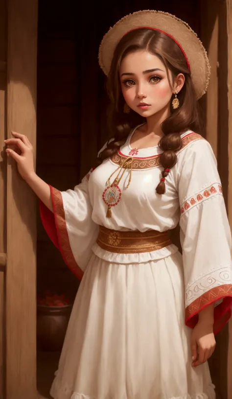 Latina girl with white skin and brown hair,Brown eyes,dressed in traditional Colombian clothing,Disney Style