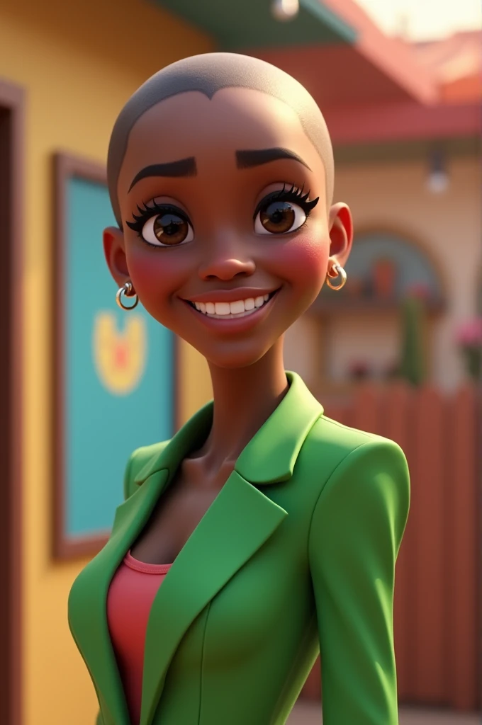 A beautiful 31 year old Pixar 3D inspired girl with black skin, blonde bald hair, small earrings, wearing a green blazer with a friend and smiling 
