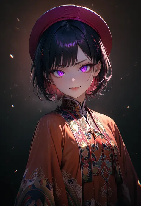 (masterpiece, best quality:1.2), super detailed, extreme detailed, portrait, 1girl, solo, beautiful face, short black hair with bang, glowing purple eyes, detailed eyes, pretty lipstick, spider fangs, smirk, evil expression, standing, yellow clothing, nhat...