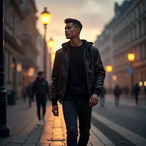 Masterpiece photo of Young skinny asian man with neat short hair combed side, wearing black tshirt, leather jacket bomber with hoodie, black jeans and white sneakers. Walking on sidewalk, dramatical street lamp light, with misterious misty cityscape, majes...