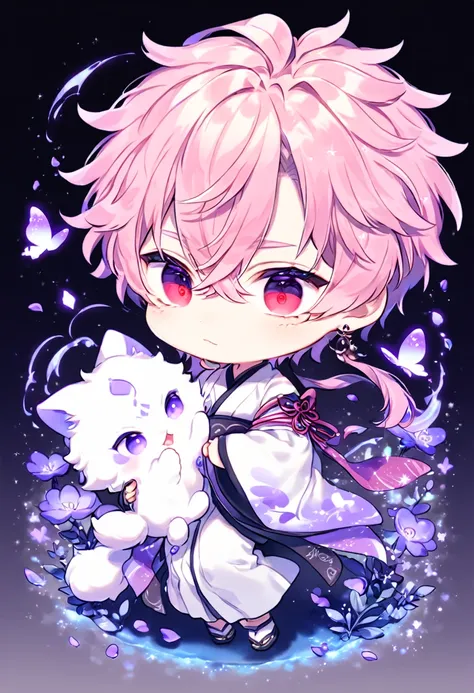 Ultra detailed, HDR, Highres, absurdres, master piece, Ryoumen Sukuna chibi, pink hair, expressive red eyes, white kimono, Jujutsu Kaise, cute, adorable, holding a white fluffy cat, purple flowers, petals, fantasy, magical, purple leaves, handsome, best qu...