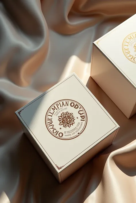  large perfume boxes with logo with name Olympian Odyssey a unique design lying down showing in top angle, as if it were in a magazine. create a background scenario.