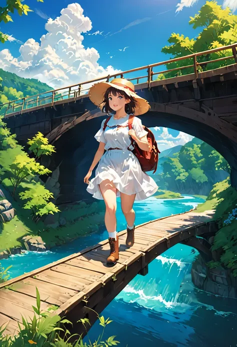 Blue sky and incoming clouds, wooden suspension bridge over a river with a beautiful fast flowing stream in a forest, Wooden suspension bridge, girl with bobbed hair wearing straw hat, white shirt, white skirt, short brown boots, girl with khaki backpack o...