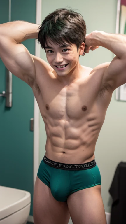 Japanese men、15 years old、Well-developed muscles and smooth skin、Fluffy green hair、Boxer briefs、You can see the whole body from head to toe、Smiling softly、Hero Academy