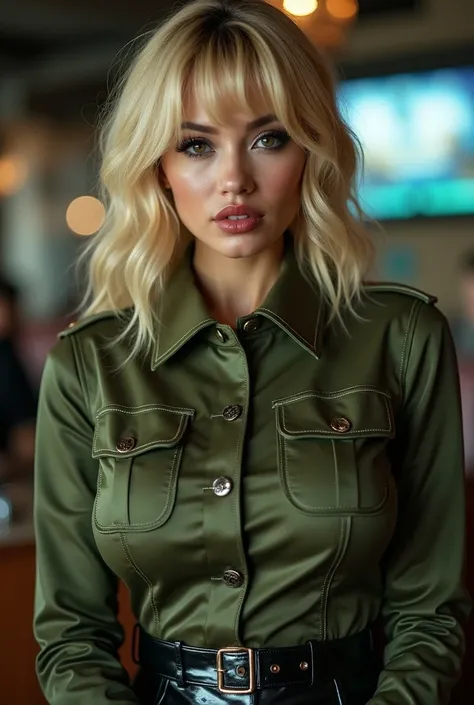 Thai Idol　Mature Woman　Blonde wavy hair with bangs　Her large breasts were pressed against、Cleavage is exposed.　Black eyeshadow　Smokey Makeup　Dirty makeup　((Bright red plump lips))　((ネオン輝くcyber punkな街))　((Green khaki enamel military uniform tight mini skirt...