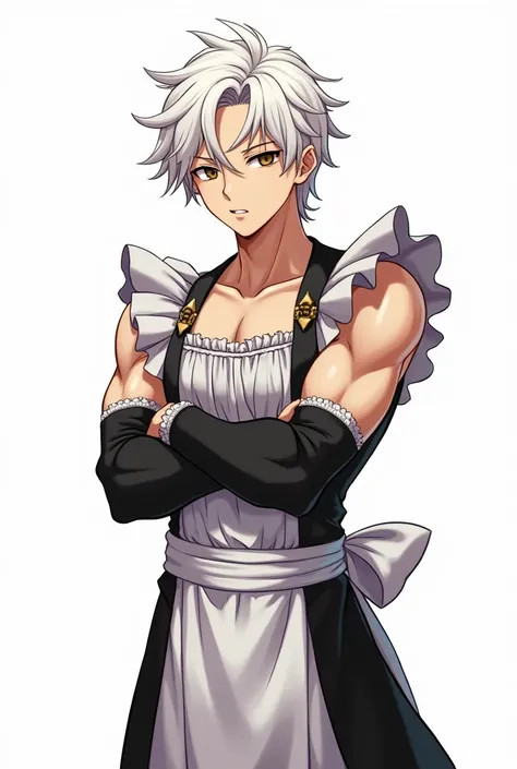 a young man, with an aristocratic white wig from the 17th century, in a black and white maid costume, muscular and very strong, muscles on display, anime style art, white background