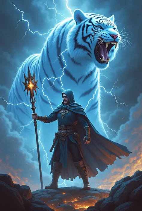 Lightning mage wielding a morning star controlling lighting storm and with lightning tiger