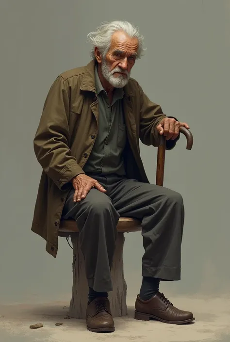 Make the photo of the old man who is sitting using the walking stick which has seat and he is sitting on it
