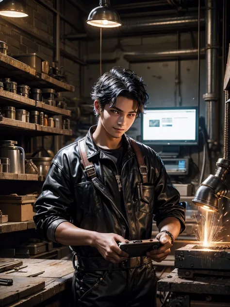 Absurd resolution, high resolution, (masterpiece: 1.4), hyper-detail, young mans messy short black hair, welder dressed up, answering the phone (1.2), happy expression, factory high-tech workbench, tech-sense screen