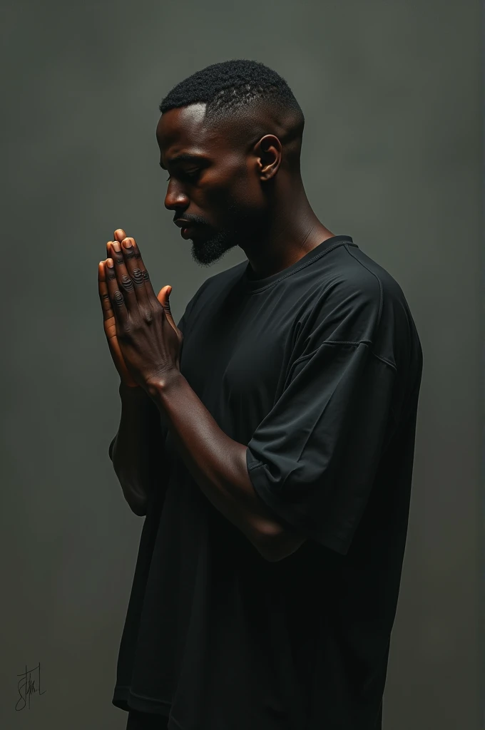 Black man with short hair wearing black clothes, jaded, making a prayer gesture with just your hand 