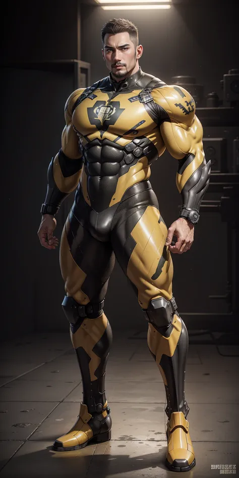 Tall giant muscular police officer，Yellow and black camouflage patterned nano mecha，Honeycomb pattern，Lightweight texture，Character Concept（Resident Evil - Chris Redfield，Chris Redfield）senior police officer，Small grid texture，Regular symmetrical texture p...