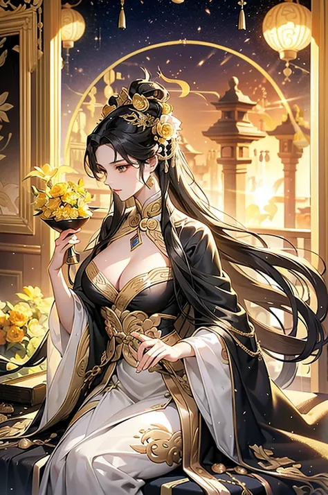 Black Hair, Immortal, Beauty, Royal sister, Stepmother, Gold Yellow Taoist robe, Golden Phoenix Coronet, Hair Bunch, Beautiful Breasts , Mature Woman，Sunshine