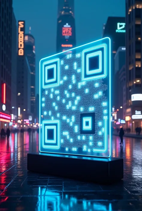 Create a high-resolution image of a futuristic cityscape at dusk, with neon lights illuminating the buildings. In the foreground, place a large, glowing QR code that appears as if its a part of the environment, seamlessly integrated into a holographic bill...