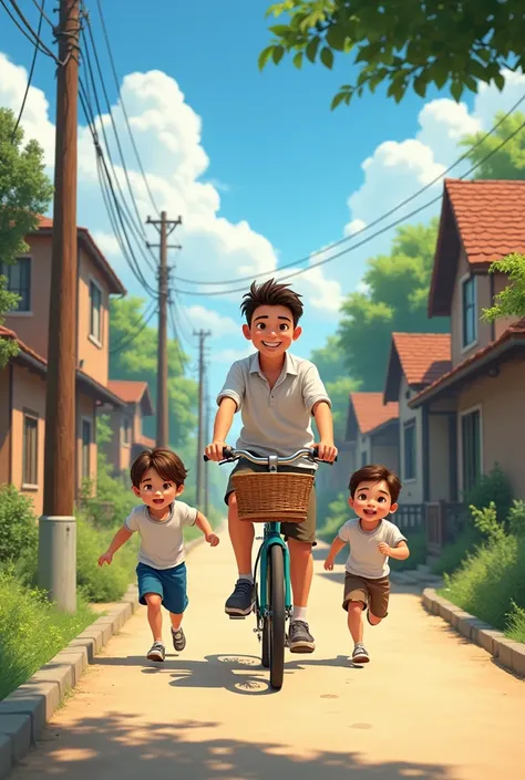 A young father riding a foot bicycle, a box on the back of seat and two boys run with him happily towards the home in a village side view