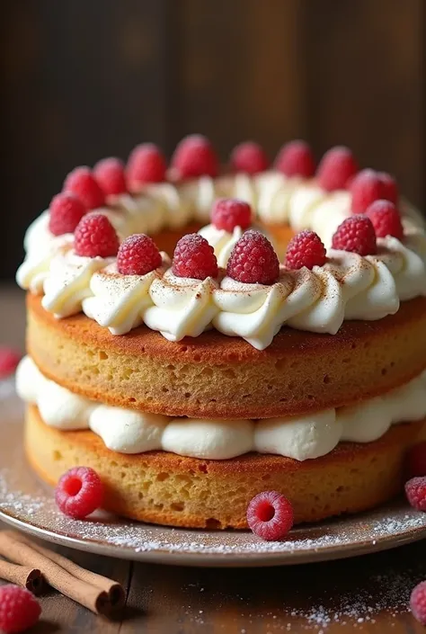 banoffe cake , cinnamon bark ,round ,circular ,whipped cream ,full picture ,best angle , cinnamon wood