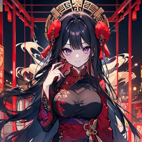 1 girl、Mature、Ample breasts、Long Hair、Black Hair、Straight Hair、Trimmed bangs、Purple Eyes、Red eyeshadow、With a smoke tube、A seductive smile、China dress、Black costume、No sleeve、黒いChina dress、Chinatown、Night view、High resolution、Highest quality