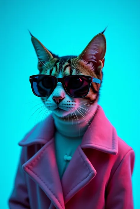 The best cell phone wallpaper, Award-Winning Wallpaper, portrait photography, In the front view is a portrait of a cute cat wearing mid-1960s space age fashion, Side view photo, Shot with Canon EOS R5, Set a strong contrast that accentuates the subject, Fl...