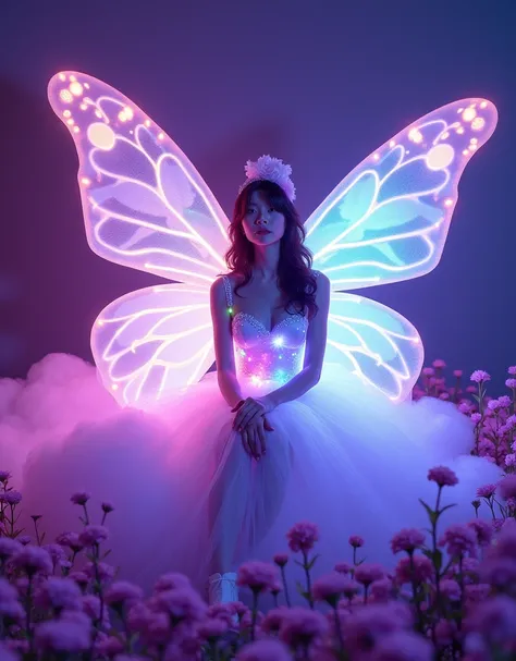 Realistic Photography，High Definition，Soft Light，A woman in a glowing costume sitting on a purple cloud in front of a purple background，Her dress is made of translucent tulle，It is decorated with lights of various colors.，The whole presents a colorful effe...