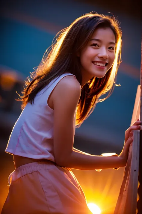 Highest quality,masterpiece,Ultra-high resolution,(Reality:1.4),Original photo,Cinema Lighting,
One girl,smile,Backlight,sunset,