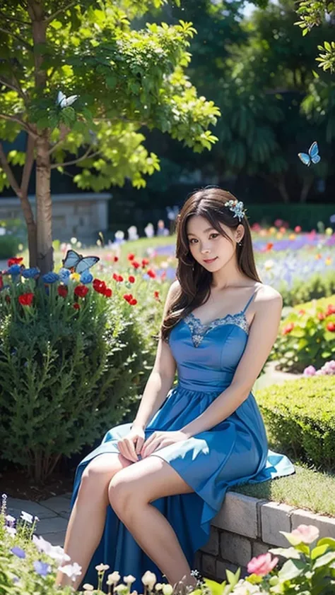 Beautiful girl in a blue dress sitting in a flower garden surrounded by various butterflies. Half-body shot.