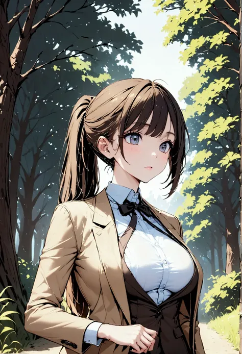 Girl with ponytail, and a suit in a forest 