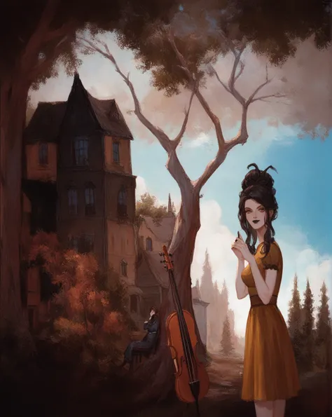 painting of a woman in a dress standing in front of a tree, haunted painting, blurry and dreamy illustration, inspired by Johann Kaspar Füssli, blurred and dreamy illustration, inspired by Gertrude Abercrombie, southern gothic art, inspired by Clarice Beck...