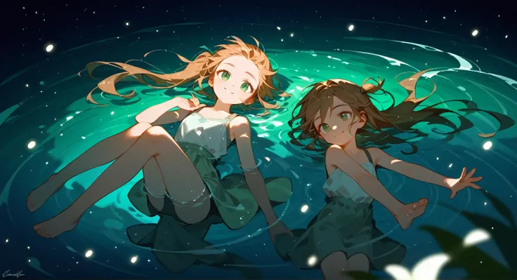 1 young girl，Brown side ponytail，Green eyes，Dark green windbreaker，Lying in the water，barefoot，The water surface sparkles，Smile，night，moonlight，Beautiful light and shadow，Light Particles