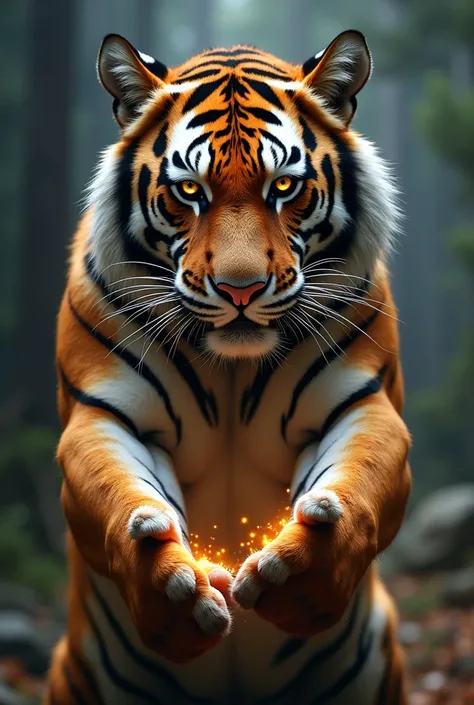 I want a tiger from the front, appearing from the navel to the head, extremely muscular with a magic circle on his back, very bright eyes as if they were lightning and with both hands forward and a little apart, as if power was coming out of his hands flow...