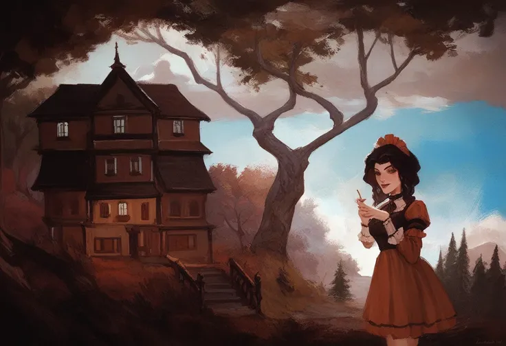 painting of a woman in a dress standing in front of a tree, haunted painting, blurry and dreamy illustration, inspired by Johann Kaspar Füssli, blurred and dreamy illustration, inspired by Gertrude Abercrombie, southern gothic art, inspired by Clarice Beck...