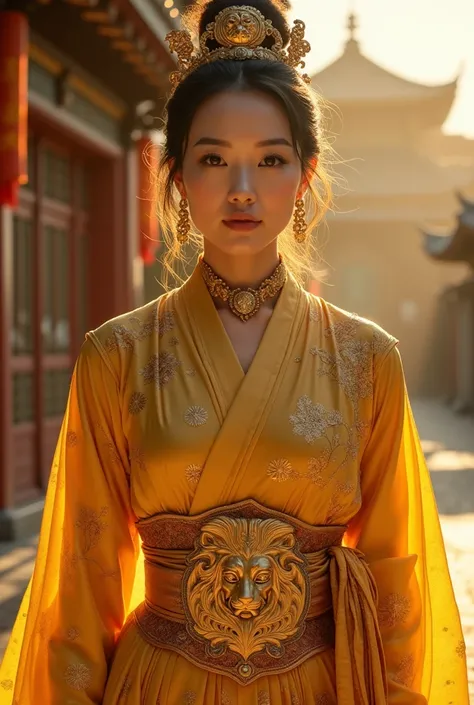 A regal and charismatic Japanese woman with a commanding presence, dressed in a luxurious golden outfit that reflects her leadership qualities. The attire should have subtle lion-like elements, with the Leo symbol visible, in a sunlit, majestic environment...