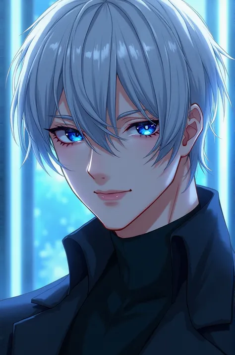 A handsome blue eyed white haired anime man 