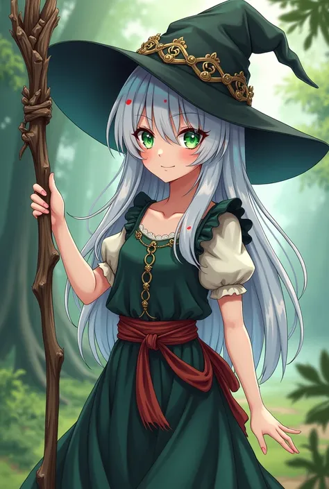  anime witch with peasant outfit white hair color with red spots one green eye and the other blue holding a staff