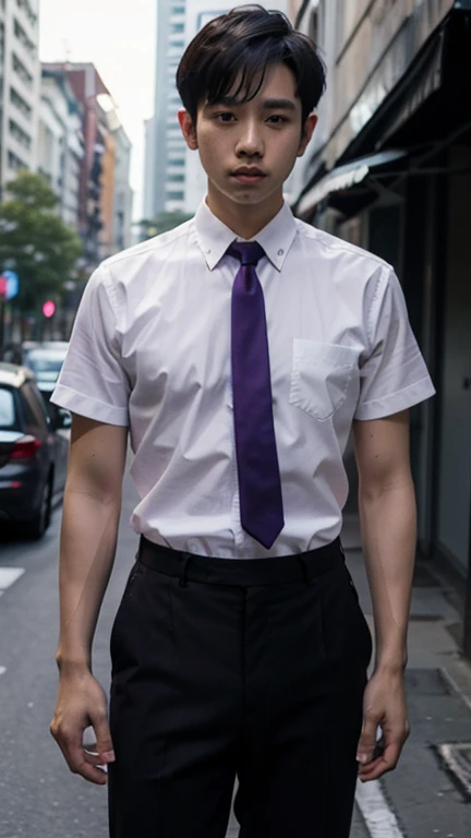 solo , 1man , thai man short hair , white shirt with collar , purple necktie , black long pants , standing , man short hair