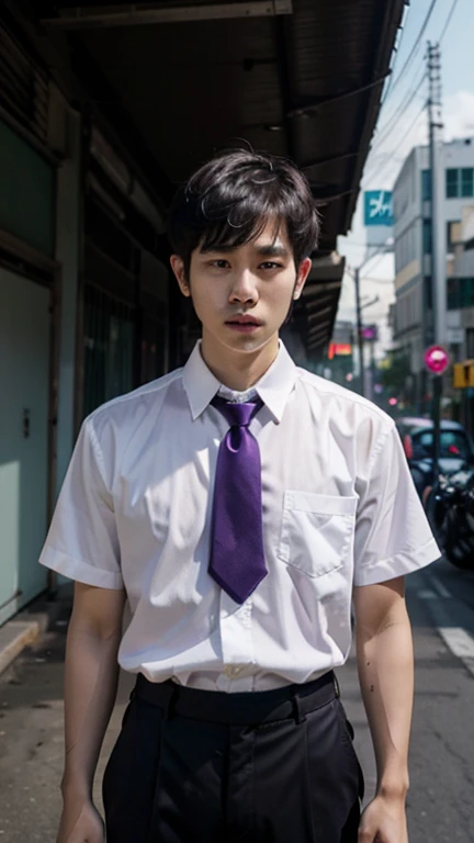 solo , 1man , thai man short hair , white shirt with collar , purple necktie , black long pants , standing , man short hair