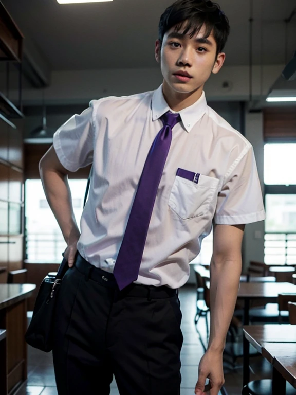 solo , 1man , thai man short hair , white shirt with collar , purple necktie , black long pants , standing , man short hair