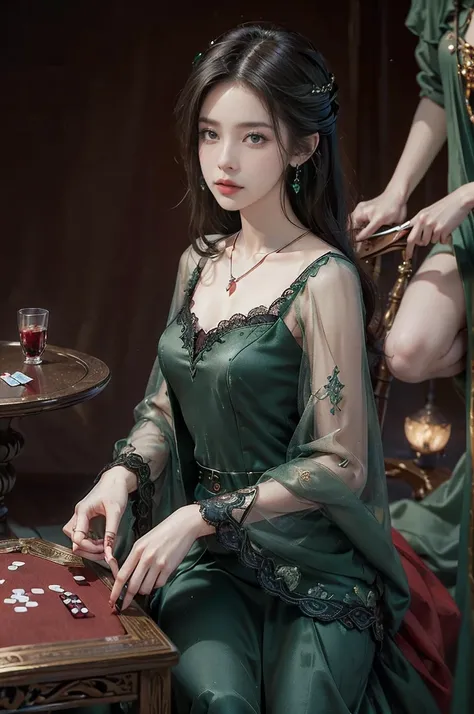 (((best quality))),(((ultra detailed))),(((masterpiece))),illustration,((1 beautiful girl,solo)),(shoulder-length straight bob:0.8),((earrings,necklace)),((slim,thin)),((small breasts,flat chest)),(sitting by the card table:1.3),(dark night scene:1.3), lam...