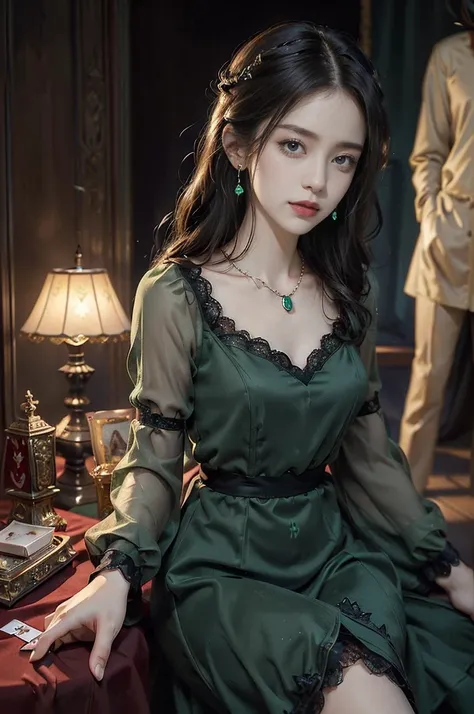 (((best quality))),(((ultra detailed))),(((masterpiece))),illustration,((1 beautiful girl,solo)),(shoulder-length straight bob:0.8),((earrings,necklace)),((slim,thin)),((small breasts,flat chest)),(sitting by the card table:1.3),(dark night scene:1.3), lam...