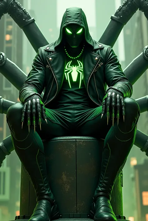 Create a villainous Spiderman, he has a green technological armor, he also has a leather jacket that has a hood that covers his head, his mask lenses must also be intense green, he will have some parts of his suit that must be black where There are some li...