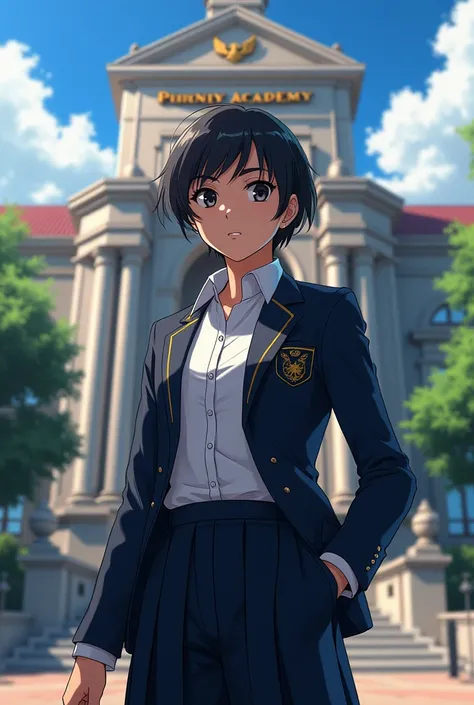 A Mexican teenager dressed in an elegant uniform and behind her is an academy called Phoenix, similar to My Hero Academia. 
